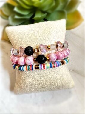 Handmade Pink Glass Beads Lava Stone Aromatherapy Gemstone Stack Bracelet